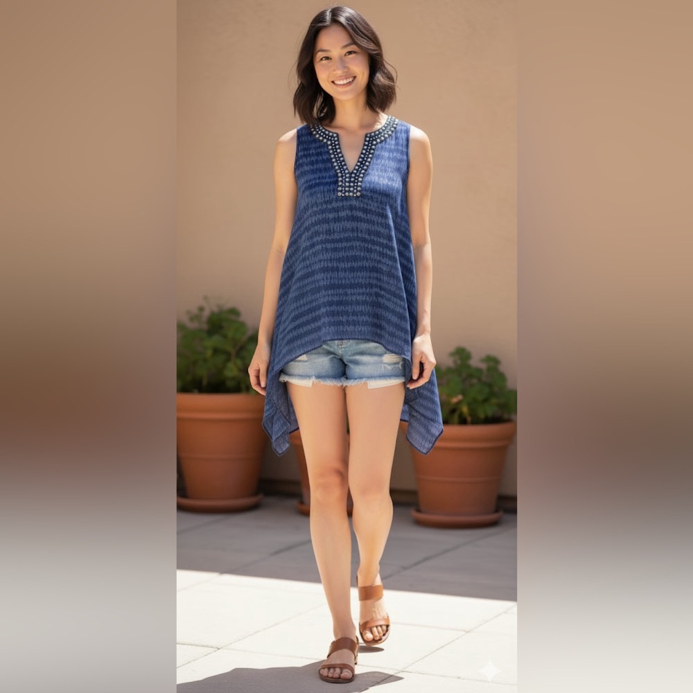 Michael Kors Beaded Asymmetrical Boho Top VNeck Lightweight Blouse Print Blue S